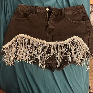 Black Denim Fringe Skirt